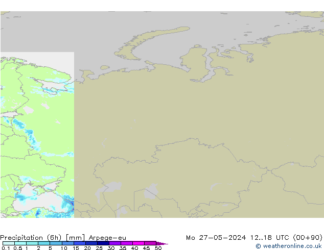 Précipitation (6h) Arpege-eu lun 27.05.2024 18 UTC