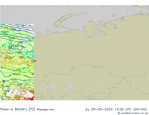 Theta-e 850hPa Arpege-eu Su 26.05.2024 12 UTC