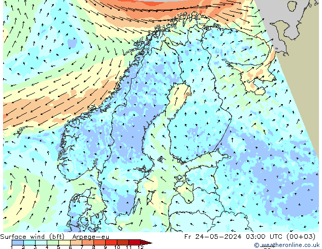 Surface wind (bft) Arpege-eu Fr 24.05.2024 03 UTC