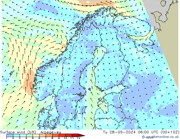 Wind 10 m (bft) Arpege-eu di 28.05.2024 06 UTC