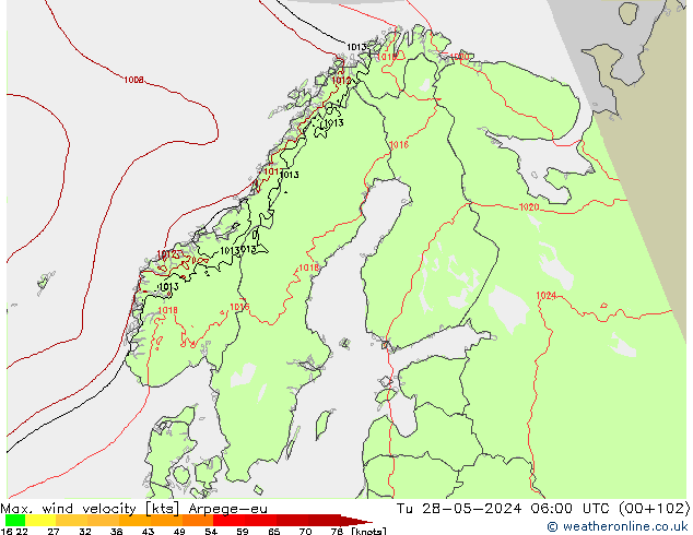 Max. wind velocity Arpege-eu Tu 28.05.2024 06 UTC