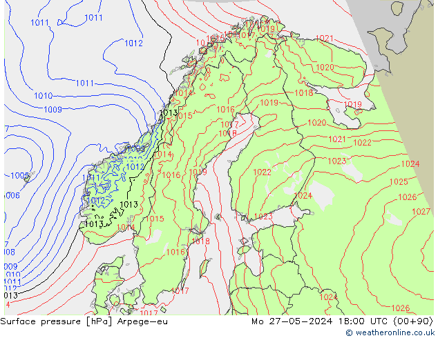 Surface pressure Arpege-eu Mo 27.05.2024 18 UTC