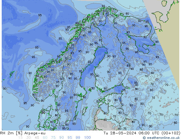 RH 2m Arpege-eu Út 28.05.2024 06 UTC