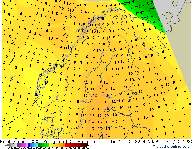 Height/Temp. 850 гПа Arpege-eu вт 28.05.2024 06 UTC