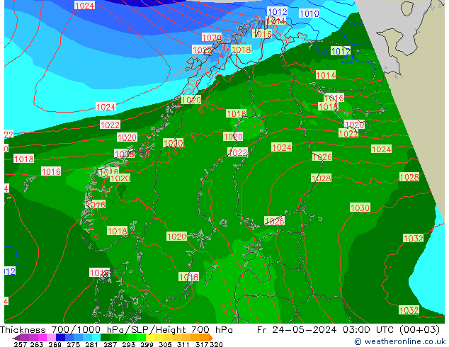 Schichtdicke 700-1000 hPa Arpege-eu Fr 24.05.2024 03 UTC