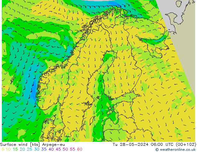 Surface wind Arpege-eu Tu 28.05.2024 06 UTC