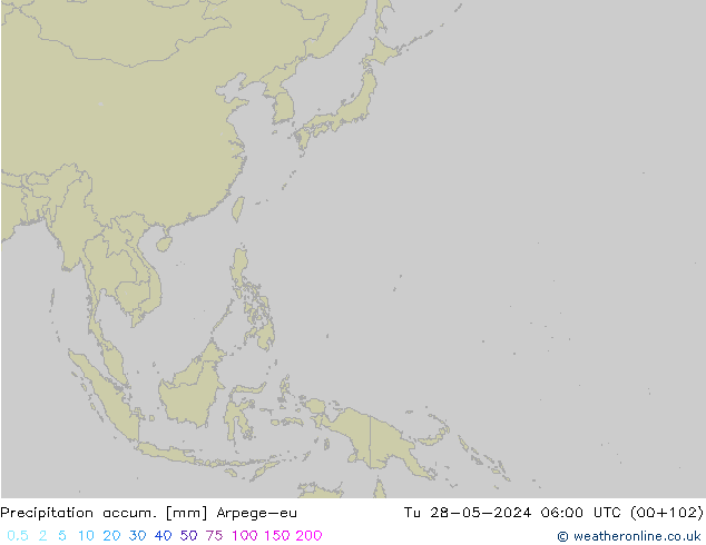 Precipitation accum. Arpege-eu Út 28.05.2024 06 UTC