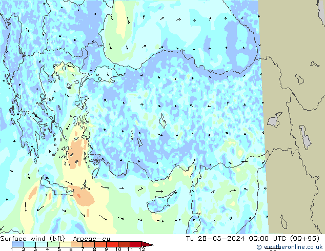 Surface wind (bft) Arpege-eu Tu 28.05.2024 00 UTC