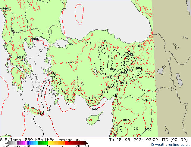 SLP/Temp. 850 hPa Arpege-eu Út 28.05.2024 03 UTC