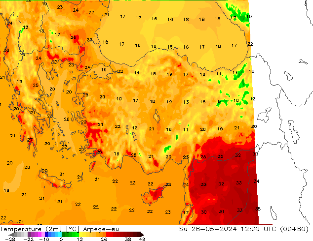 Temperatura (2m) Arpege-eu Dom 26.05.2024 12 UTC