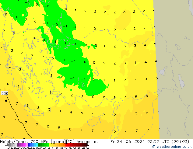 Height/Temp. 700 гПа Arpege-eu пт 24.05.2024 03 UTC