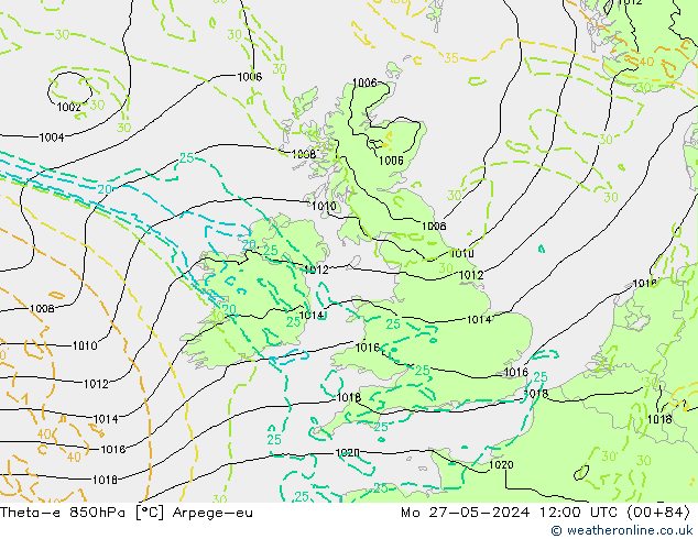 Theta-e 850hPa Arpege-eu ma 27.05.2024 12 UTC