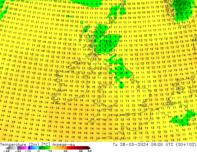 mapa temperatury (2m) Arpege-eu wto. 28.05.2024 06 UTC