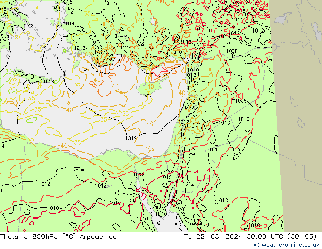 Theta-e 850hPa Arpege-eu Tu 28.05.2024 00 UTC