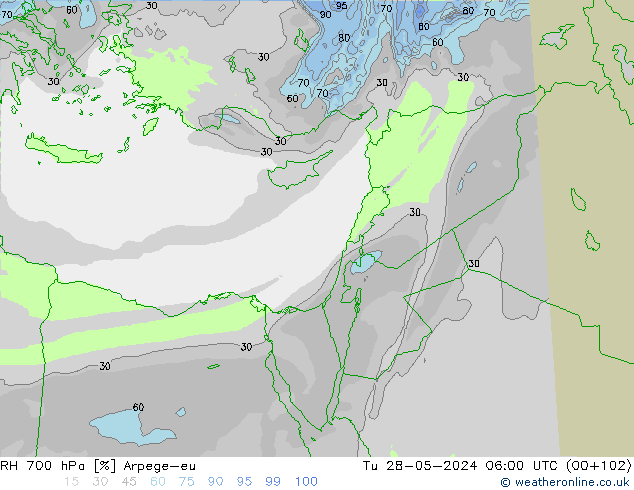 RH 700 гПа Arpege-eu вт 28.05.2024 06 UTC