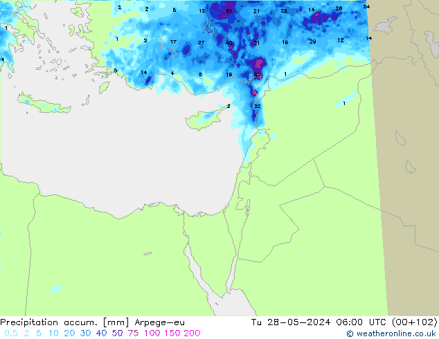 Precipitation accum. Arpege-eu Tu 28.05.2024 06 UTC