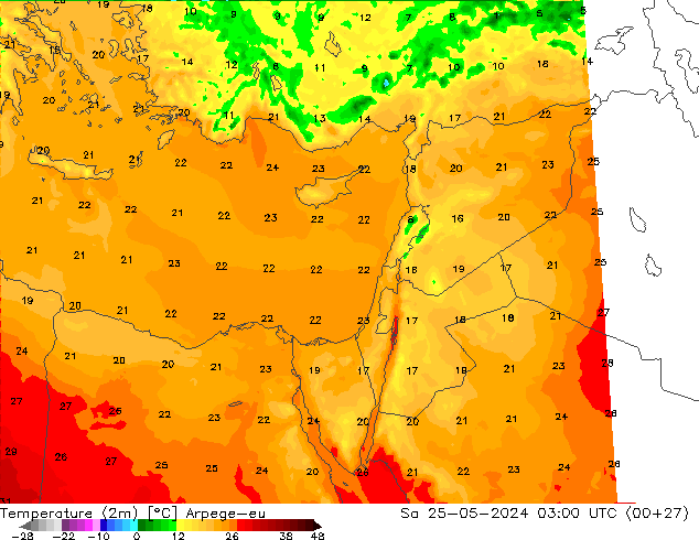 Temperatuurkaart (2m) Arpege-eu za 25.05.2024 03 UTC