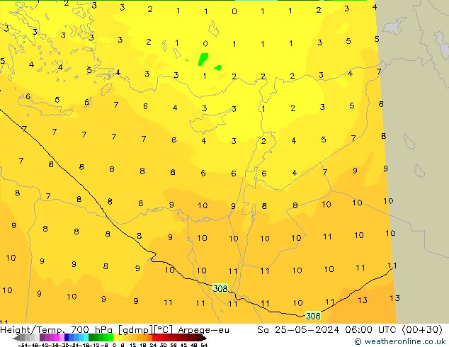 Height/Temp. 700 гПа Arpege-eu сб 25.05.2024 06 UTC