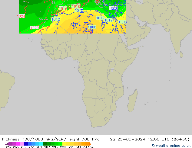 Thck 700-1000 hPa Arpege-eu Sa 25.05.2024 12 UTC