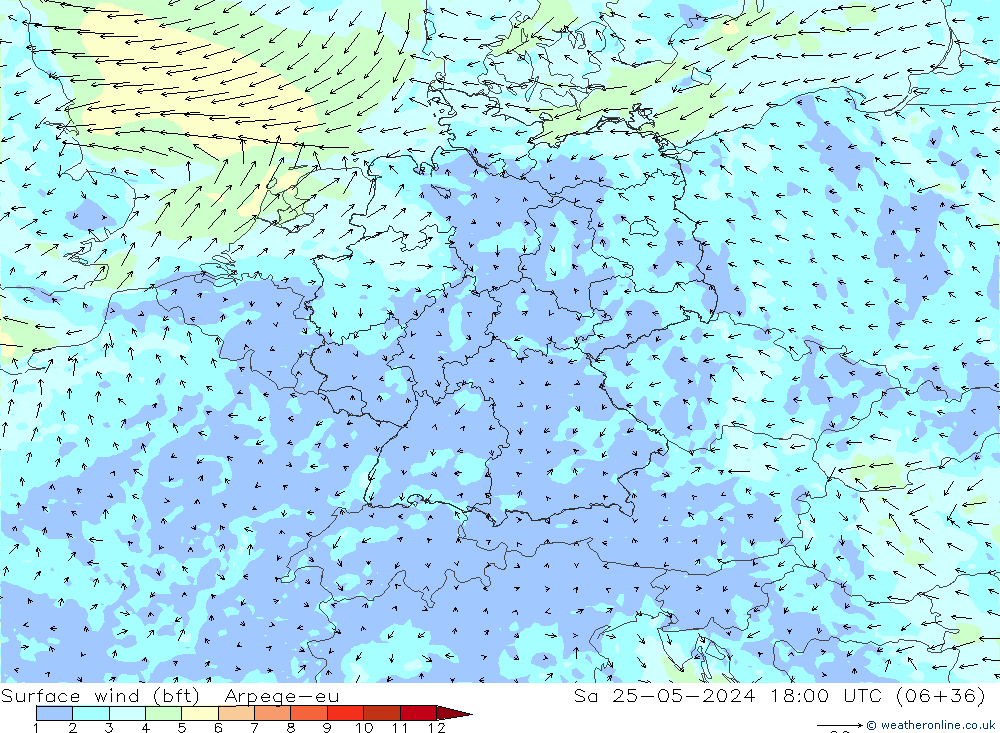 Surface wind (bft) Arpege-eu Sa 25.05.2024 18 UTC