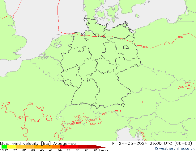 Max. wind velocity Arpege-eu Sex 24.05.2024 09 UTC