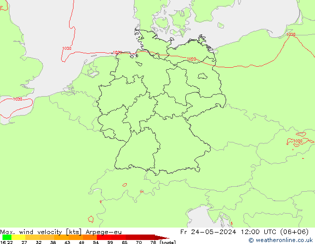 Max. wind snelheid Arpege-eu vr 24.05.2024 12 UTC