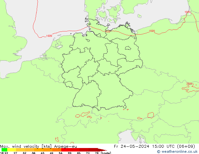 Max. wind velocity Arpege-eu ven 24.05.2024 15 UTC