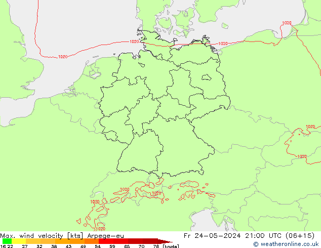 Max. wind velocity Arpege-eu пт 24.05.2024 21 UTC