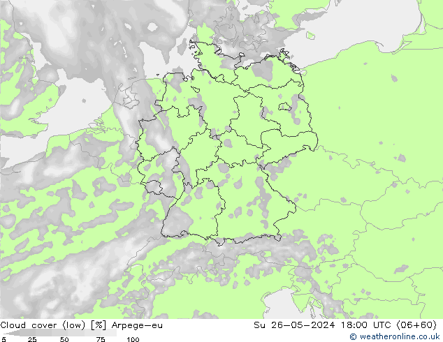 Cloud cover (low) Arpege-eu Su 26.05.2024 18 UTC
