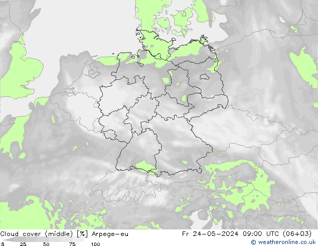 Cloud cover (middle) Arpege-eu Fr 24.05.2024 09 UTC