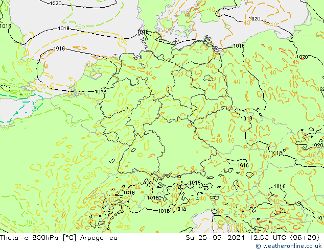 Theta-e 850hPa Arpege-eu Sa 25.05.2024 12 UTC