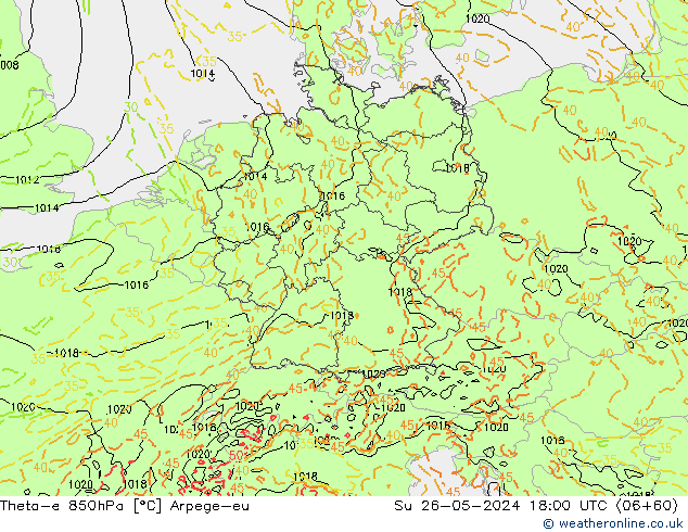 Theta-e 850hPa Arpege-eu zo 26.05.2024 18 UTC