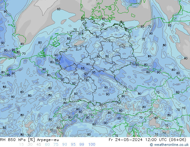 Humidité rel. 850 hPa Arpege-eu ven 24.05.2024 12 UTC
