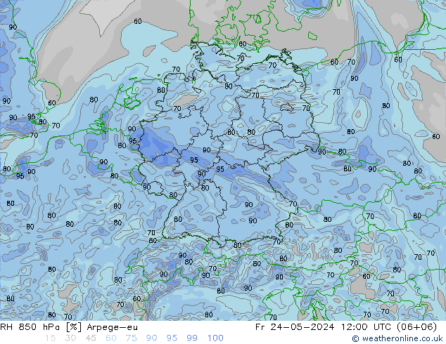 RH 850 hPa Arpege-eu Sex 24.05.2024 12 UTC