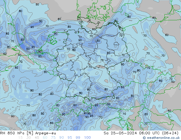 Humidité rel. 850 hPa Arpege-eu sam 25.05.2024 06 UTC