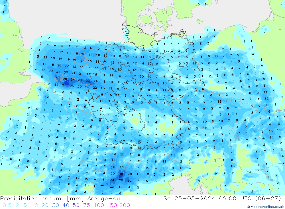 Precipitation accum. Arpege-eu Sa 25.05.2024 09 UTC