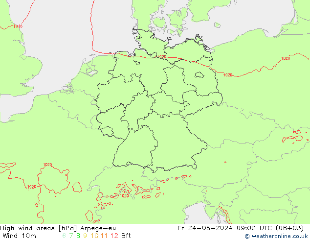 High wind areas Arpege-eu ven 24.05.2024 09 UTC