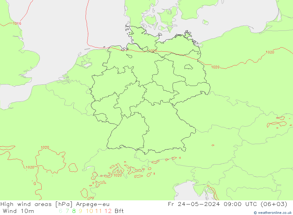 High wind areas Arpege-eu 星期五 24.05.2024 09 UTC