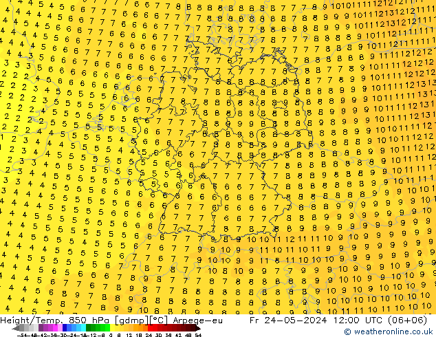 Hoogte/Temp. 850 hPa Arpege-eu vr 24.05.2024 12 UTC