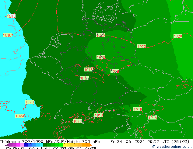 Schichtdicke 700-1000 hPa Arpege-eu Fr 24.05.2024 09 UTC