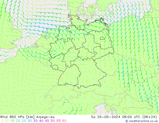 wiatr 850 hPa Arpege-eu so. 25.05.2024 06 UTC