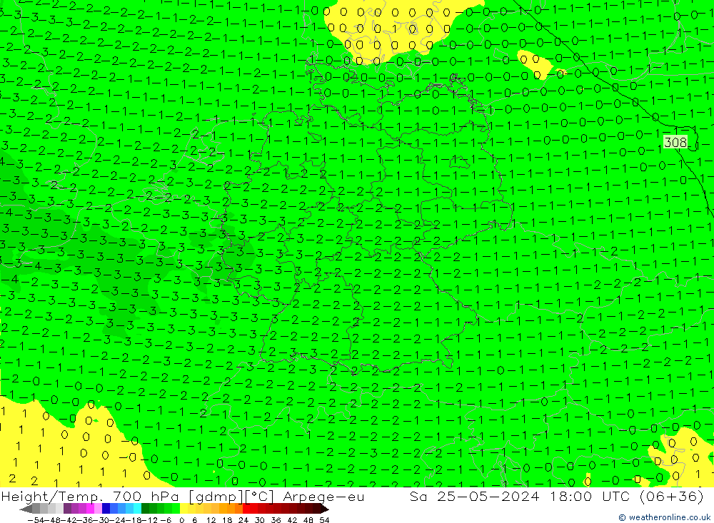 Height/Temp. 700 hPa Arpege-eu Sa 25.05.2024 18 UTC