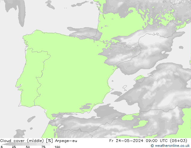 Cloud cover (middle) Arpege-eu Fr 24.05.2024 09 UTC