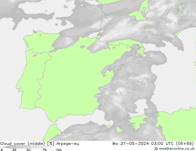 Cloud cover (middle) Arpege-eu Mo 27.05.2024 03 UTC