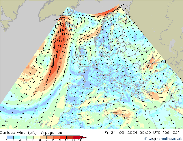 Surface wind (bft) Arpege-eu Pá 24.05.2024 09 UTC