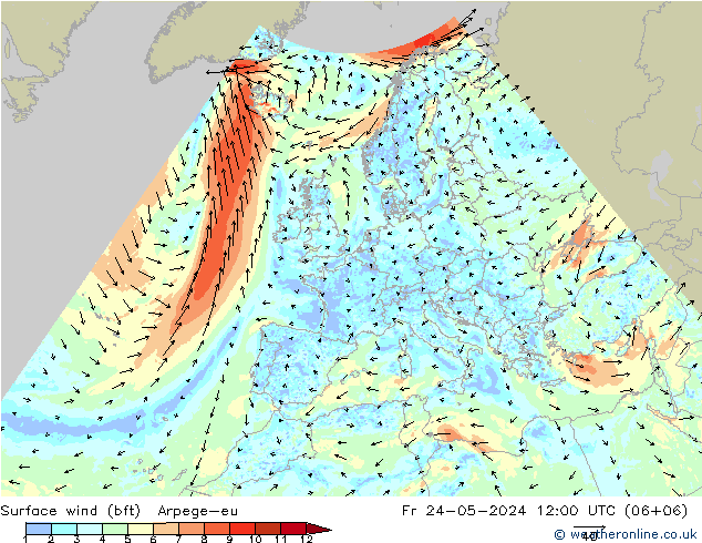 Surface wind (bft) Arpege-eu Fr 24.05.2024 12 UTC