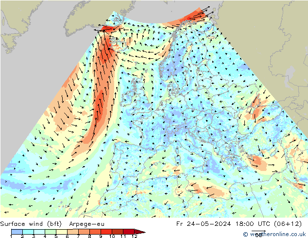 Bodenwind (bft) Arpege-eu Fr 24.05.2024 18 UTC