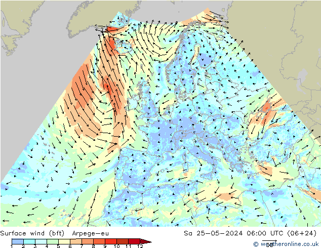 Viento 10 m (bft) Arpege-eu sáb 25.05.2024 06 UTC