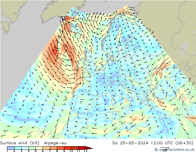 Surface wind (bft) Arpege-eu Sa 25.05.2024 12 UTC