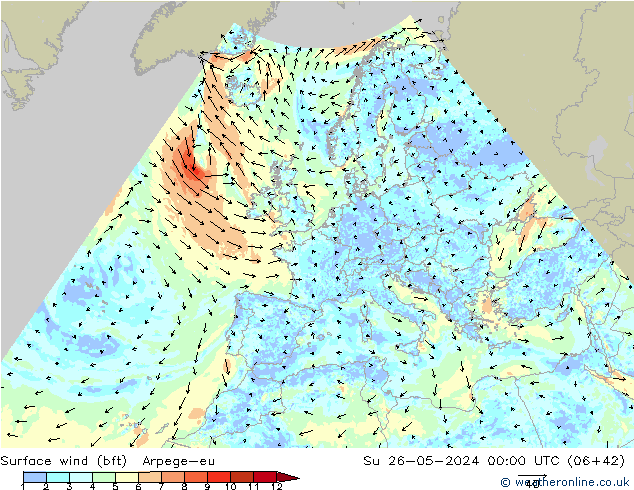 Bodenwind (bft) Arpege-eu So 26.05.2024 00 UTC